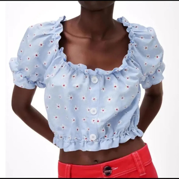 ZARA Summer Linen Blend Floral Blouse Blue Size Small NWOT - Picture 1 of 13